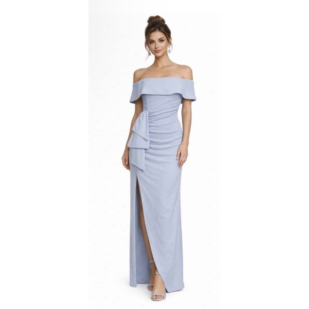 Xscape Evenings Ruched Off the Shoulder Crepe Gown Sky Blue Size 16 Formal
